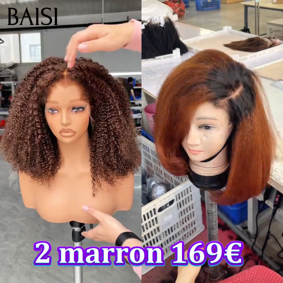BAISI 2 perruques marron 169€ curly wave 13x4 et lisse Promotion en 100% Cheveux Humains