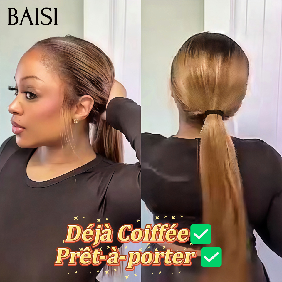 BAISI 13X4 lace frontale en Prêt-à-porter chignon bun Sans Colle Straight Perruque Lisse 99€ 4T27# marron en 100% Cheveux Humains
