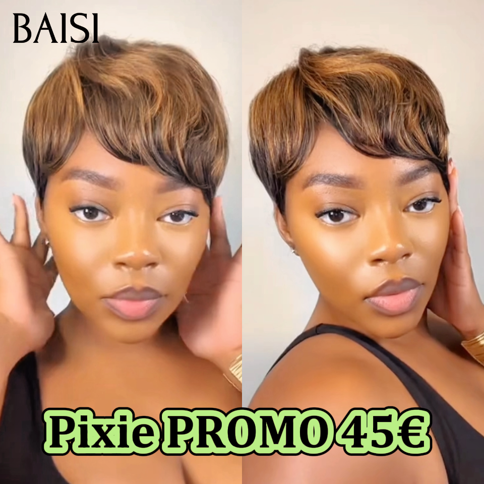 BAISI Perruque Fabriqué à la Machine Pré-plucked Pas Besoin de Colle Pixie PROMO 45€ en 100% vrais cheveux humains WG