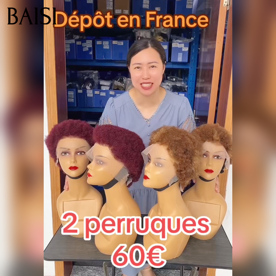 BAISI 2 perruques 13X4 lace frontale Afro 60€ sans Colle 99J#Bordeaux et 4-27# machine perruques depot en france