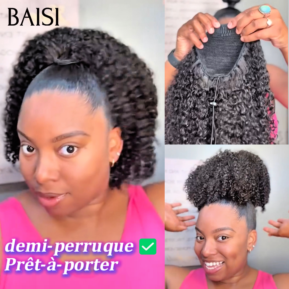 BAISI demi-perruque extension chignon ponytail 12 Pouces 109€ En Couleur Noir Prêt-à-porter CURLY en 100% cheveux humains