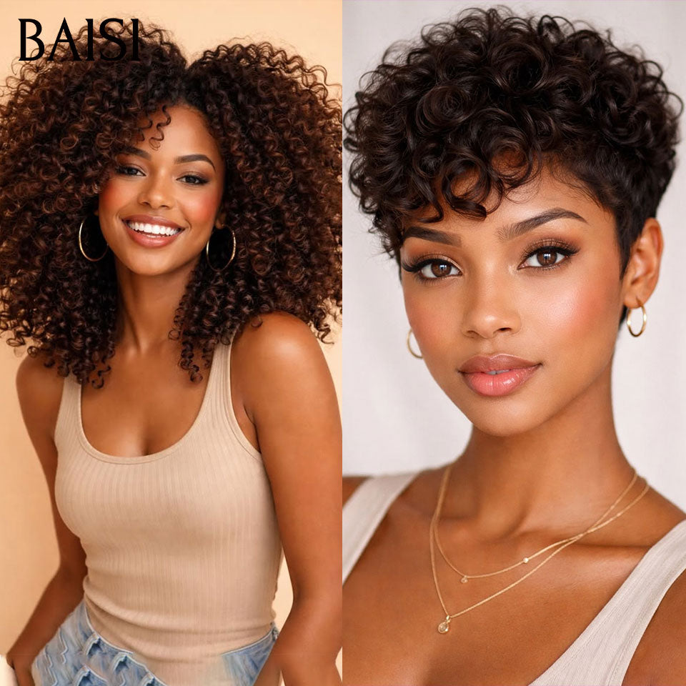BAISI lot de Perruque 2 Bonne Qualité 149€ (curly wave frontale 16p + finger wave sans colle ) ou Pixie 13X4 lace Lisse 66€ Coiffure moitié prix 100% Cheveux Humains MP50