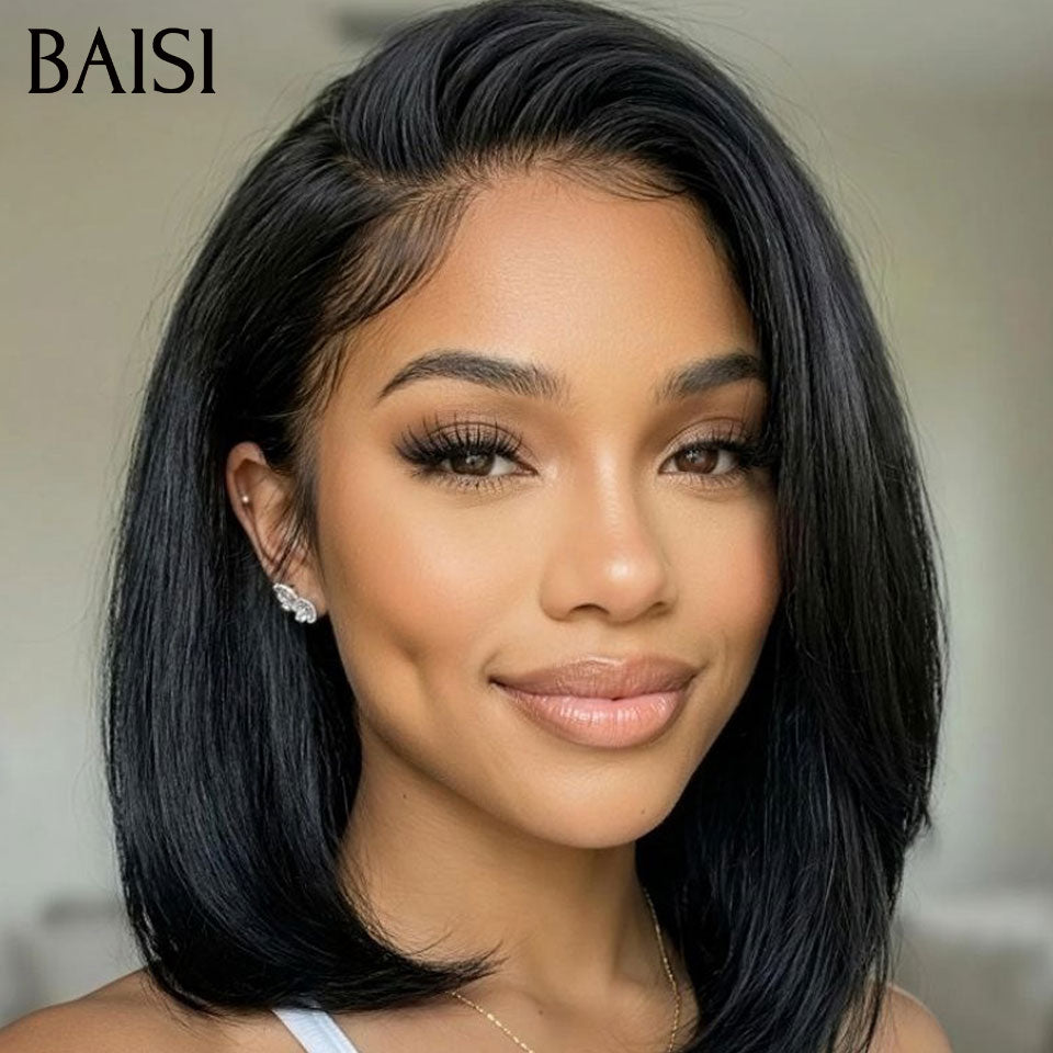 BAISI vente flash perruque bob carré frontale 12 pouce ou pixie chioma finger wave 55€ ou 2 Perruques 85€ 13X4 lace noir et Marron pixie moitié prix en 100% vrais cheveux humains MP50