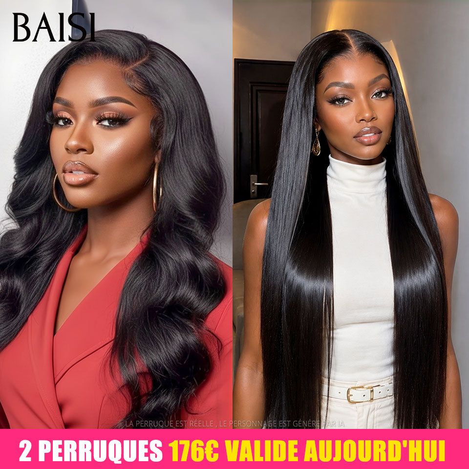 BAISI 13x4 lace Lot de 2 Perruques Longue Lisse + Body Wave 20Pouces 176€ Couleur Noir Prix Très Abordable en 100% Cheveux Humains Déjà En France Livraison 48H TVA 0€