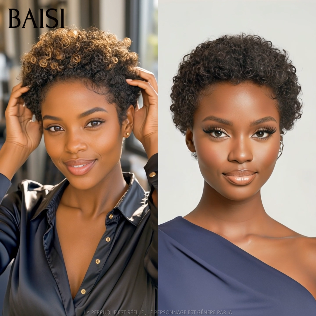 BAISI Lot de 2 Perruques Pixie Curly Noir et Miel Noir 79€ Sans Colle Sans Lace Simple et Confortable en 100% Cheveux humains