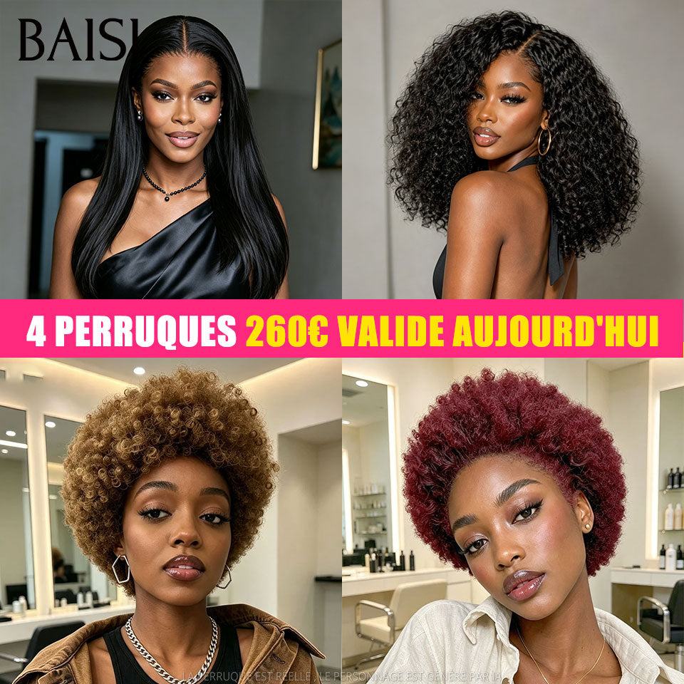 BAISI Lot de 4 Perruques Combo 260€ Lisse Noir 12Pouces + Curly Wave Noir 18Pouces + 2 Petite Coupe Colorée 6Pouces Prix Mini Spécial Pour Revendre en 100% Cheveux humains