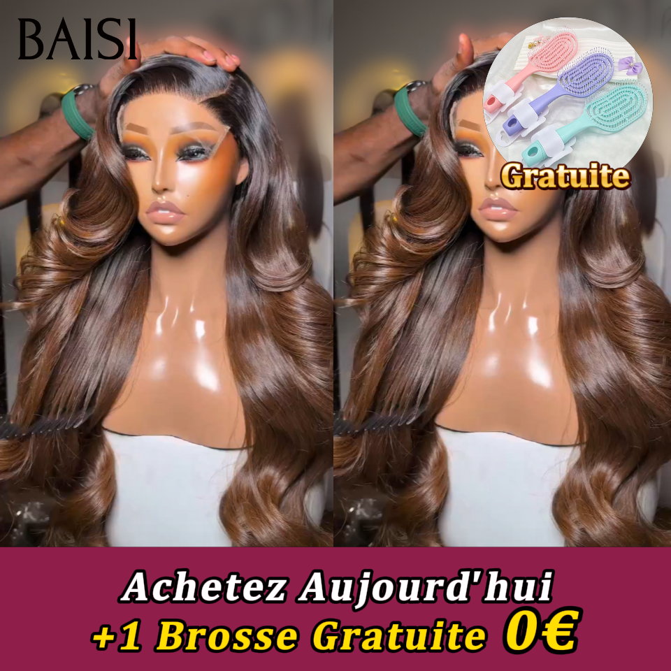 BAISI Perruques 13x4 lace frontal Body Wave en Marron + Brosse Gratuite 89€ PROMO en 100% vrais cheveux humains