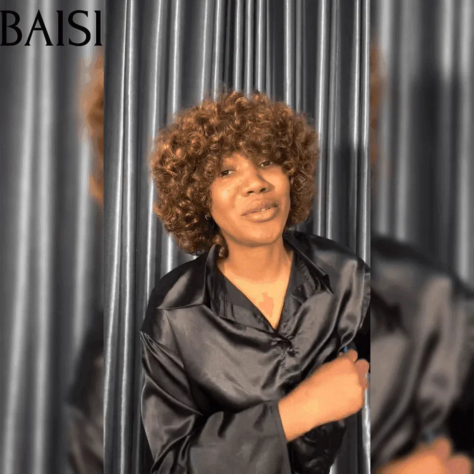 BAISI Perruque Bouclée Egg Wave 69€ NOIR ou Marron #4 ou orange ou 99J avec Frange Sans Lace Sans Colle en 100% Cheveux Humains