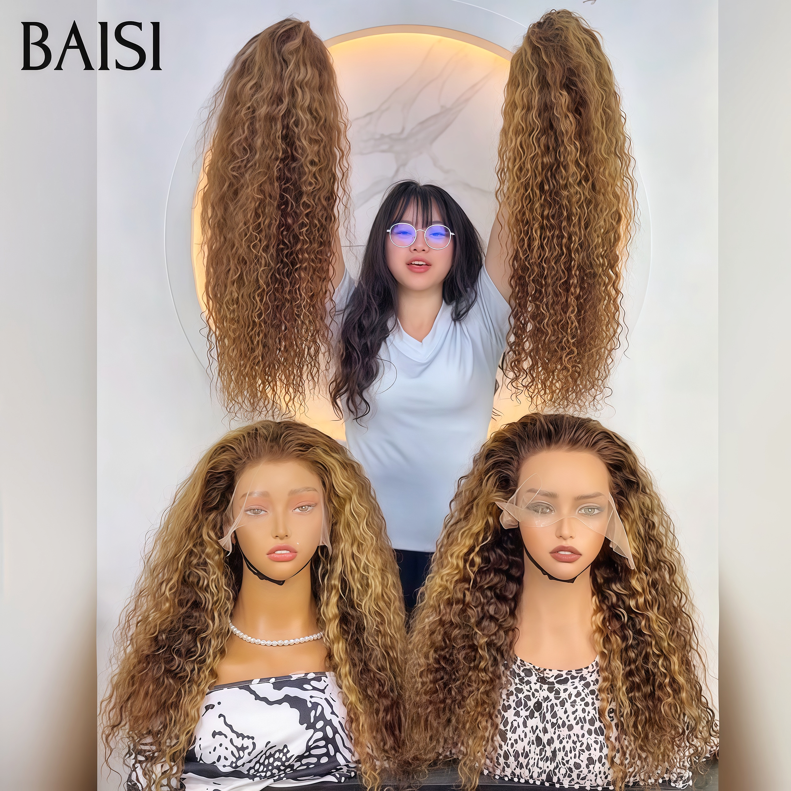 BAISI Perruque 13x4 lace frontal deep wave 18 Pouces 100€ marron mixte miel en 100% Cheveux Humains