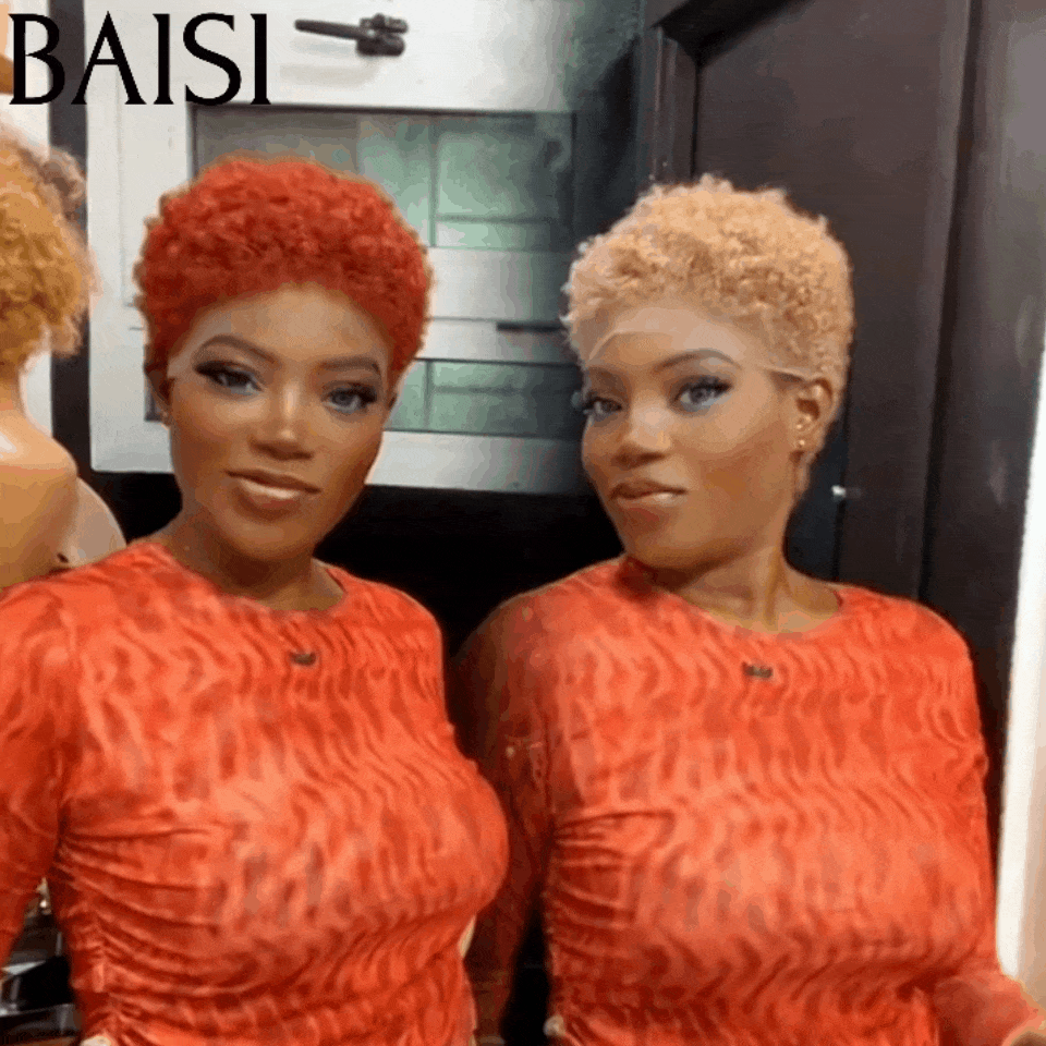 BAISI Perruque Pixie Afro Curl 13x4 lace frontal bouclé partout Couleur Miel 27# & Orange #350 en 100% cheveux humains F-905