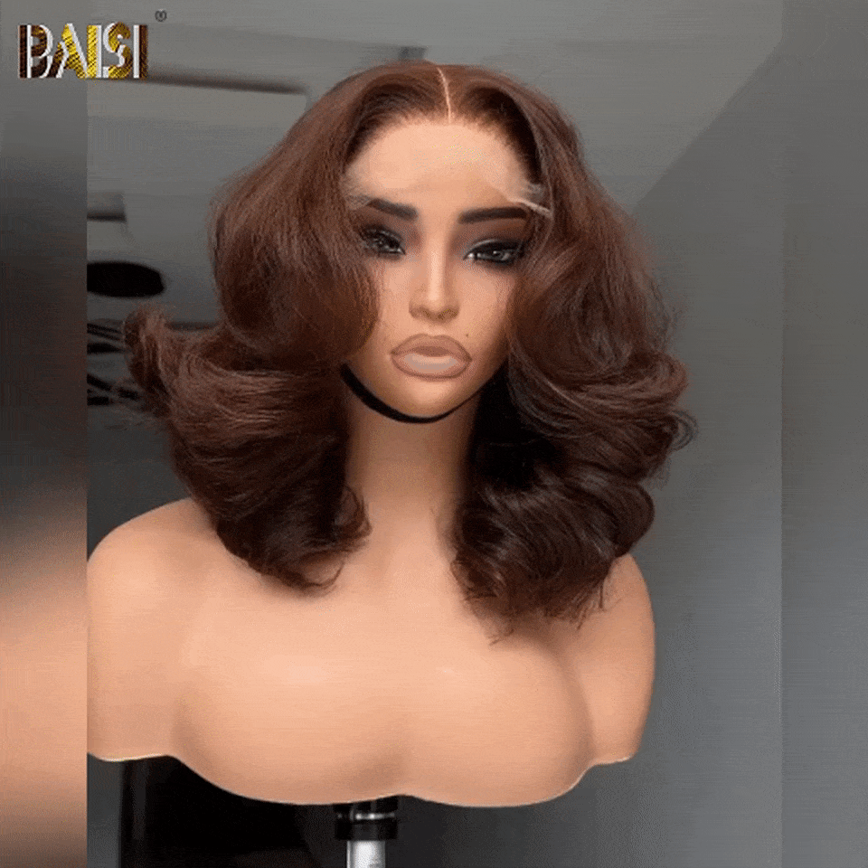 BAISI 13x4 Lace Frontal Perruque Coupe personnalisée 12 pouces en Marron 4# Vietnam Hair 300% densité plus de 20 ans d' utilisations MP50