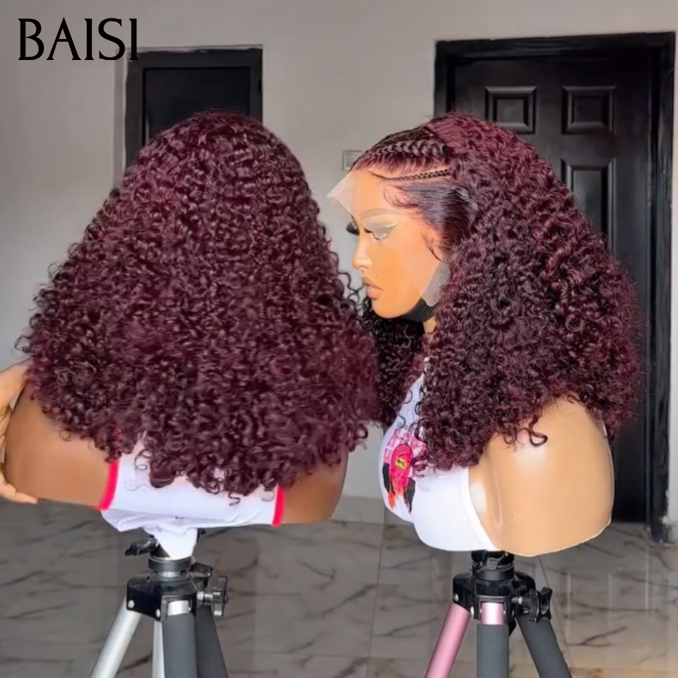 BAISI 13x4 lace Perruque Coiffée curly wave Rouge Bordeau 99J# Devanture en Nattes Courbure Naturelle en 100% Cheveux Humains