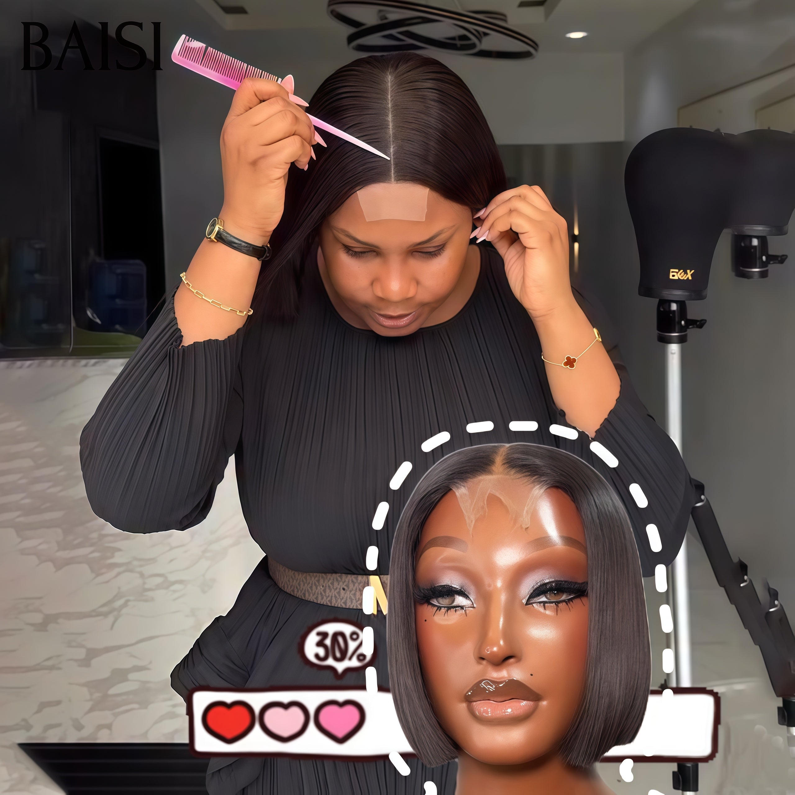 BAISI 2x6 Lace Perruque BOB Lisse 8 Pouces Noir 79€ Ou Couleur Marron dorée 4/33# 95€ Qualité Authentique En 100% Cheveux Humains