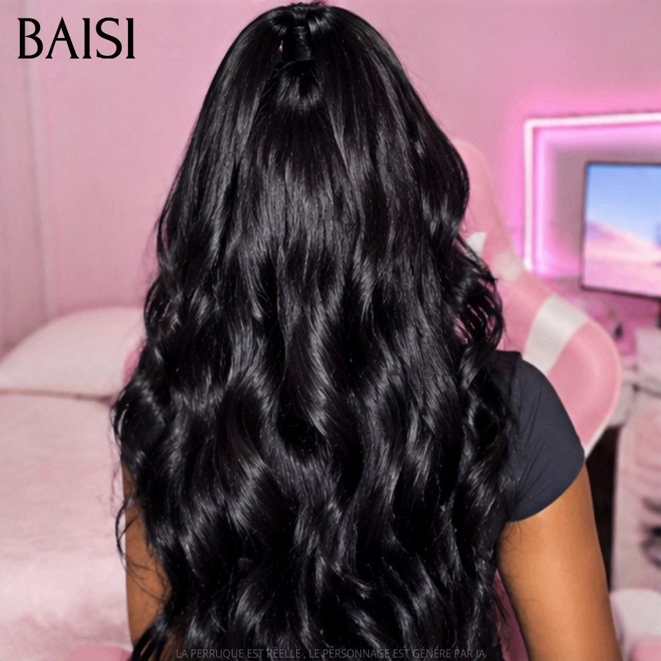 BAISI 13x4 Frontal Perruque Body Wave 26 Pouces 199€ NOIR avec coiffure tressée natte en 100% Cheveux Humains
