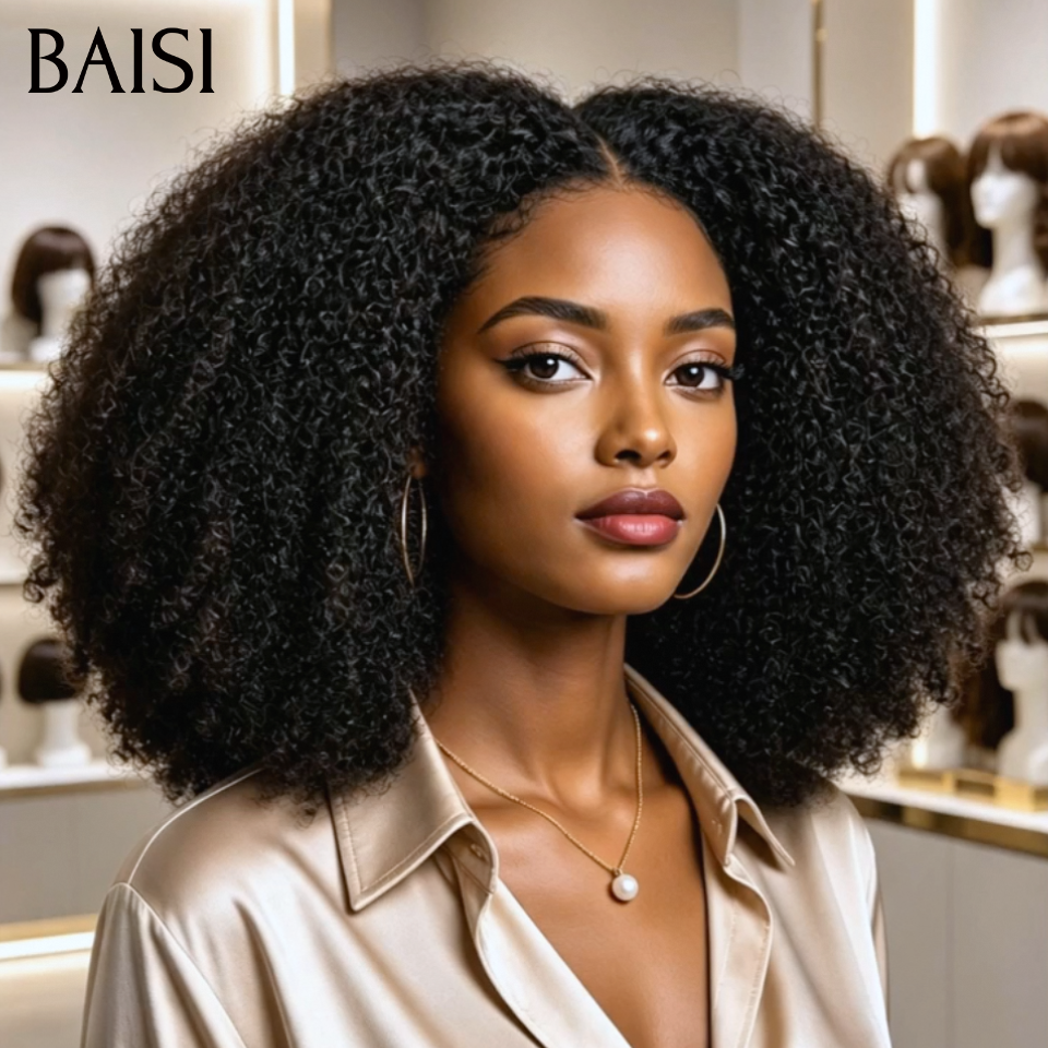 BAISI 4x4 Lace Perruque Kinky Afro Sans Colle 18Pouces 168€ Couleur Noir 1B# Pratique Facile A porter Volume Bien Pleine en 100% Cheveux humains