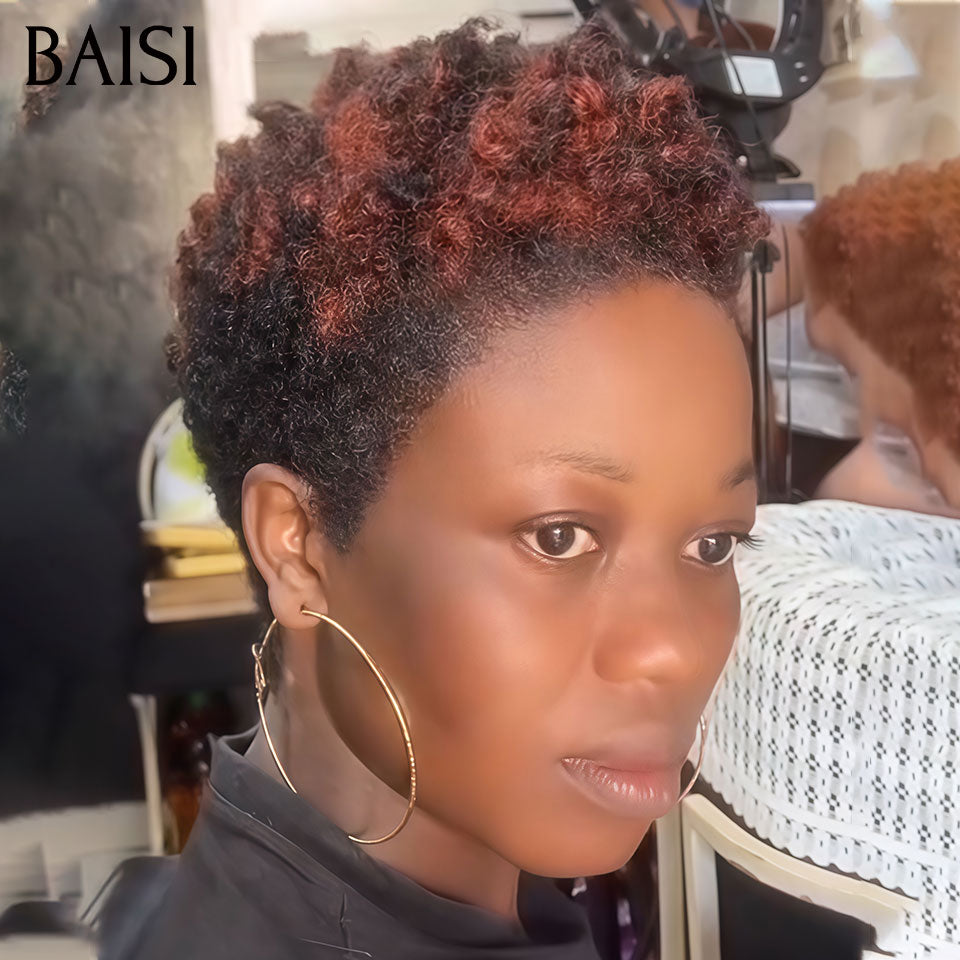 BAISI PIXIE Afro Curly Noir Marron 33# Sans Colle Sans Lace Facile A Porter 60€ Seulement en 100% Cheveux Humains
