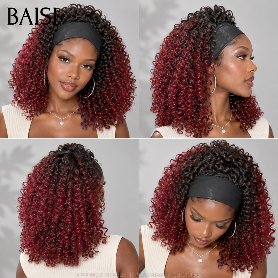 BAISI Perruque Bob Bandeau Curly 14 Pouces 99€ Couleur Rouge Bordeaux Racine Noir 1B/99J# Sans Colle Pratique Au Quatidien en 100% Cheveux humains