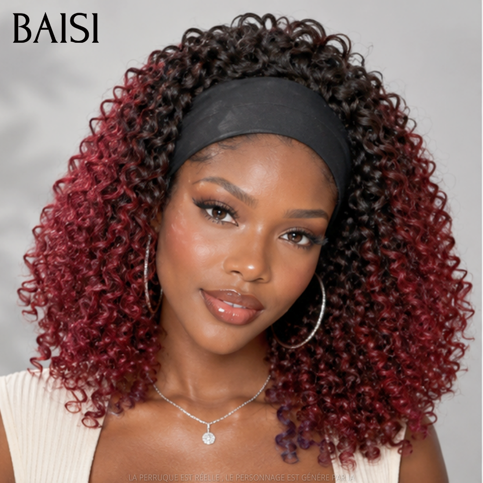 BAISI Perruque Bob Bandeau Curly 14 Pouces 99€ Couleur Rouge Bordeaux Racine Noir 1B/99J# Sans Colle Pratique Au Quatidien en 100% Cheveux humains