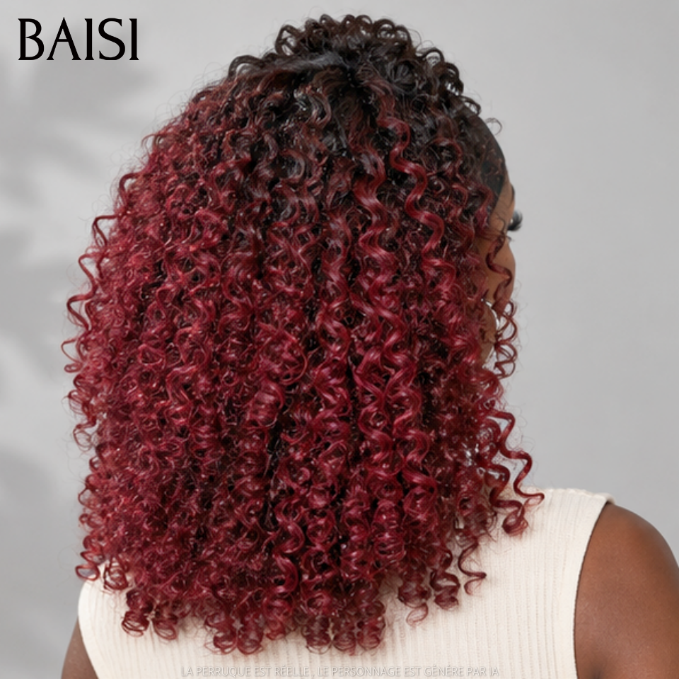 BAISI Perruque Bob Bandeau Curly 14 Pouces 99€ Couleur Rouge Bordeaux Racine Noir 1B/99J# Sans Colle Pratique Au Quatidien en 100% Cheveux humains