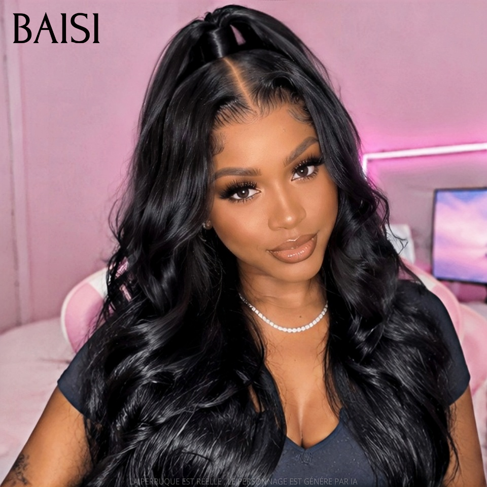 BAISI 13x4 Frontal Perruque Body Wave 26 Pouces 199€ NOIR avec coiffure tressée natte en 100% Cheveux Humains