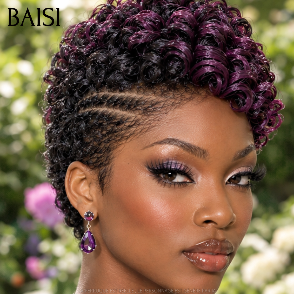 BAISI Full Lace Perruque Pixie Courte Wave 179€ en Couleur Violet Nouvelle Tendance en Furie Qualité Rien A Dire en 100% cheveux humains