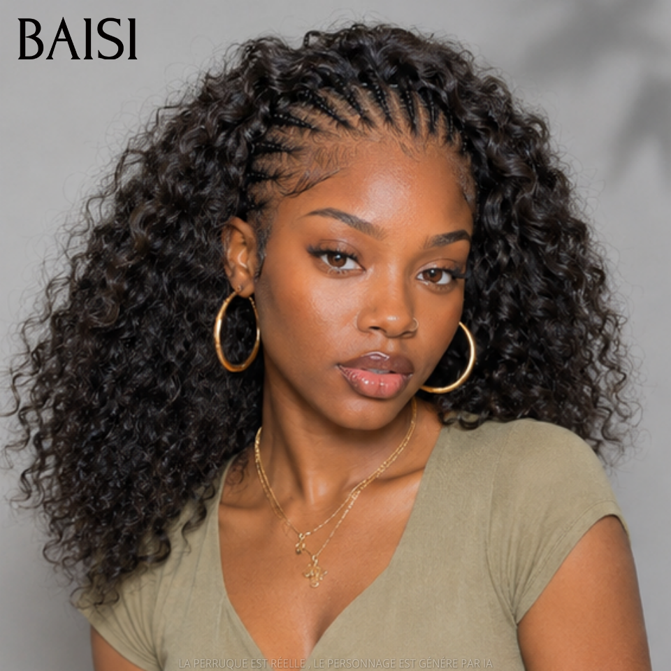 BAISI 13x4 lace Perruque Coiffée Curly Wave Bouclée Noir 1B# 10Pouces 86€ ou 14Pouces 136€ Seulement Avec Petites Nattes au devant Prêt à Porter en 100% Cheveux Humains