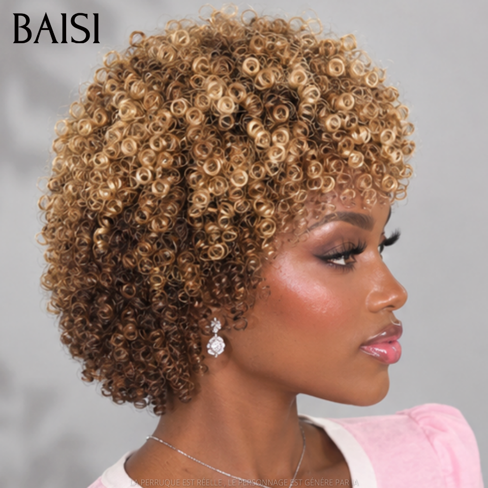 BAISI Perruque Pixie Courte Afro Curl 66€ en Couleur Miel Marron 27/4# Sans Lace Sans Colle Facile A Porter en 100% cheveux humains