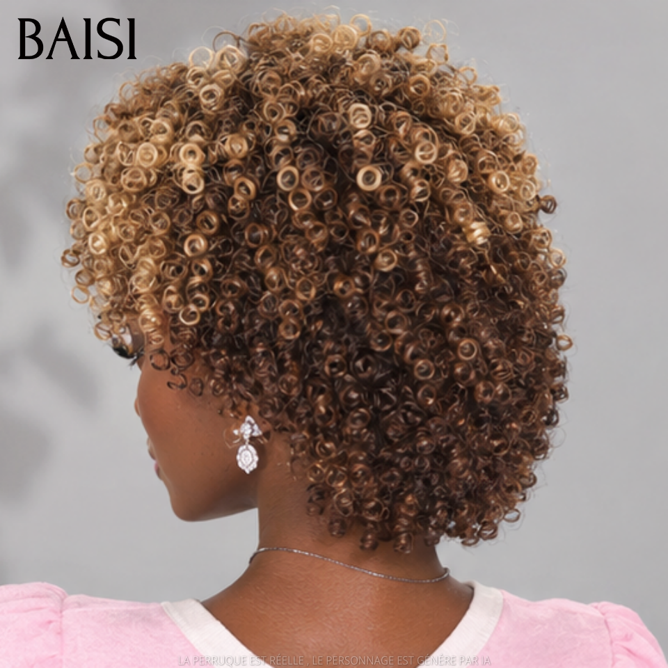 BAISI Perruque Pixie Courte Afro Curl 66€ en Couleur Miel Marron 27/4# Sans Lace Sans Colle Facile A Porter en 100% cheveux humains