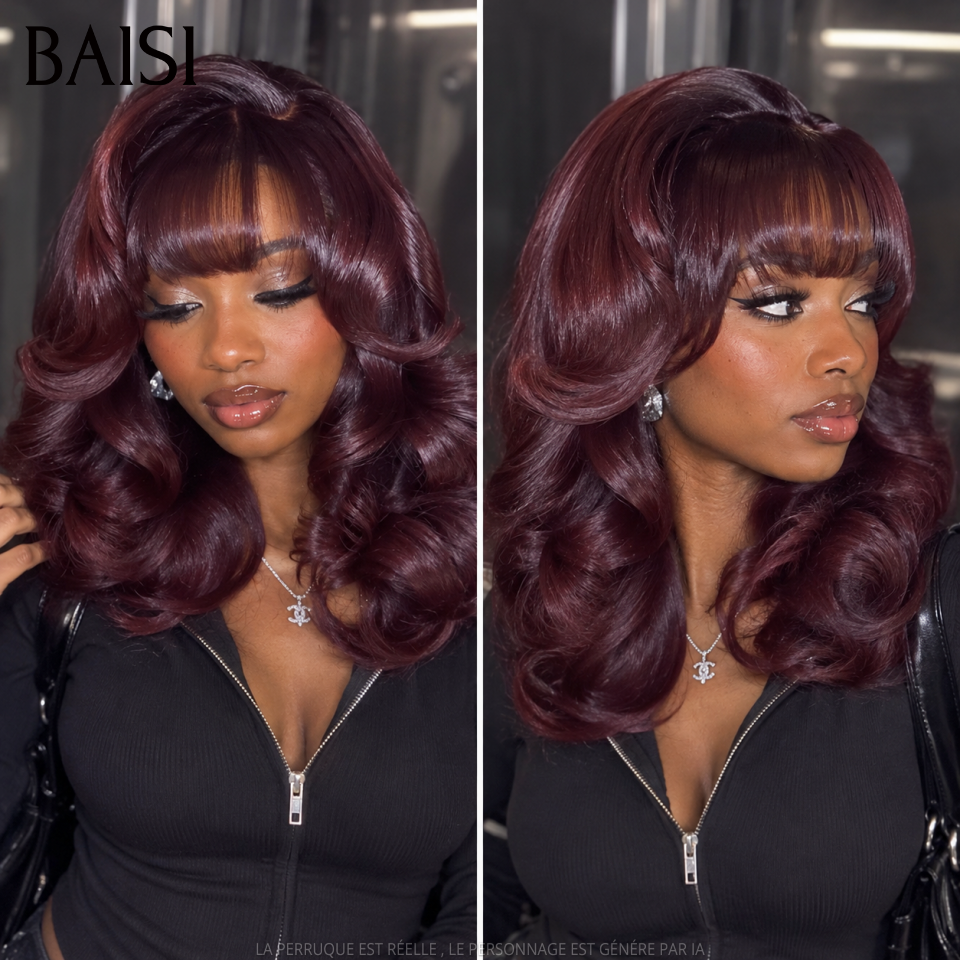 BAISI 13x4 Lace Perruque ACE Loose 18Pouces 155€ Boucle Permanente TOP Qualité Couleur Rouge Bordeaux 99J Sans Colle Facile A Porter en 100% Cheveux humains MP50