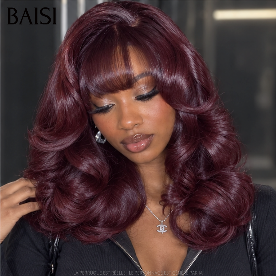BAISI 13x4 Lace Perruque ACE Loose 18Pouces 155€ Boucle Permanente TOP Qualité Couleur Rouge Bordeaux 99J Sans Colle Facile A Porter en 100% Cheveux humains MP50