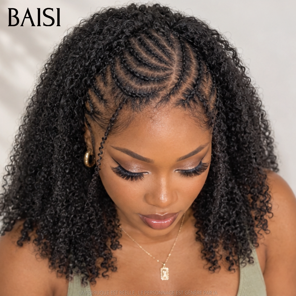 BAISI 13x4 lace Perruque Coiffée Kinky Curly Noir 1B# Devanture Tressée 100% Identique Deja Prête A Porter Solde Moitié Prix en 100% Cheveux Humains MP50