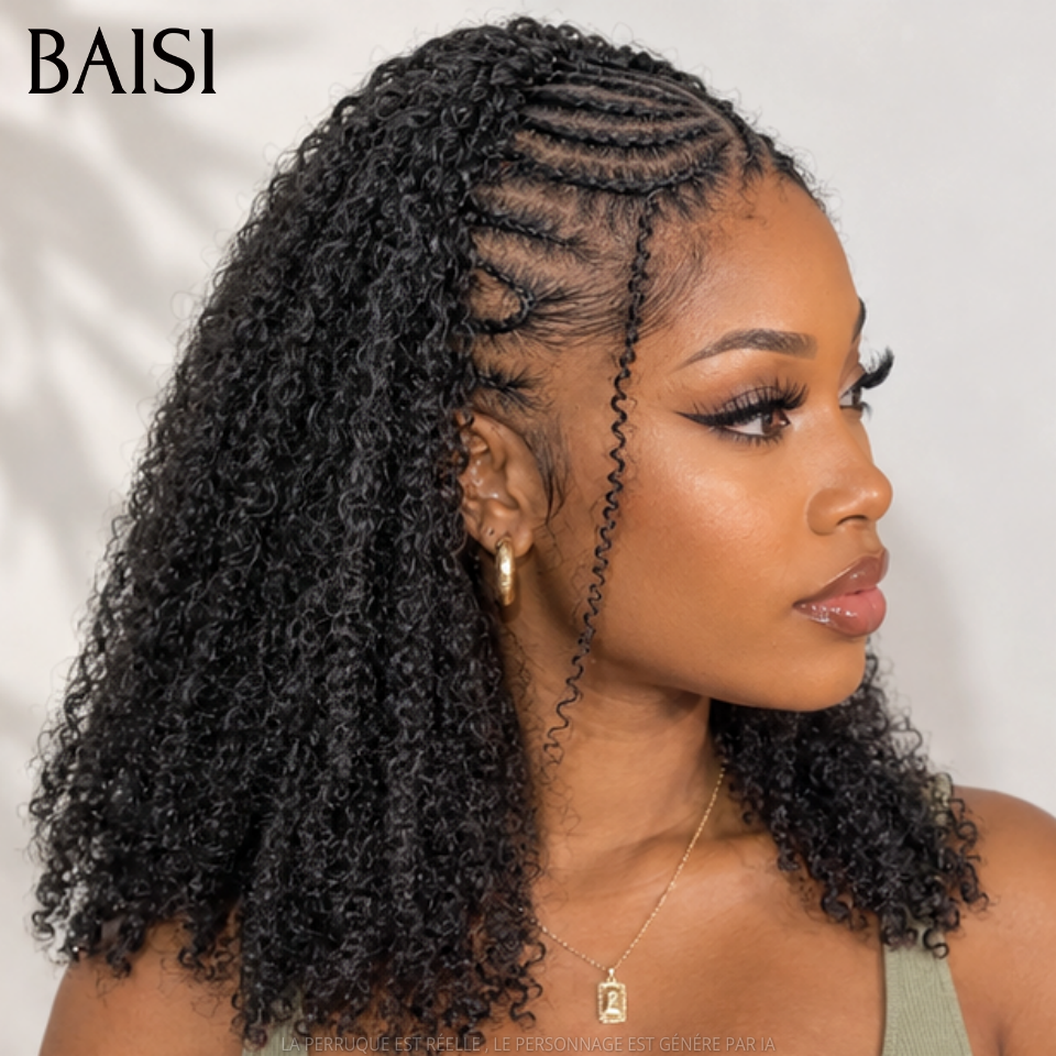 BAISI 13x4 lace Perruque Coiffée Kinky Curly Noir 1B# Devanture Tressée 100% Identique Deja Prête A Porter Solde Moitié Prix en 100% Cheveux Humains MP50