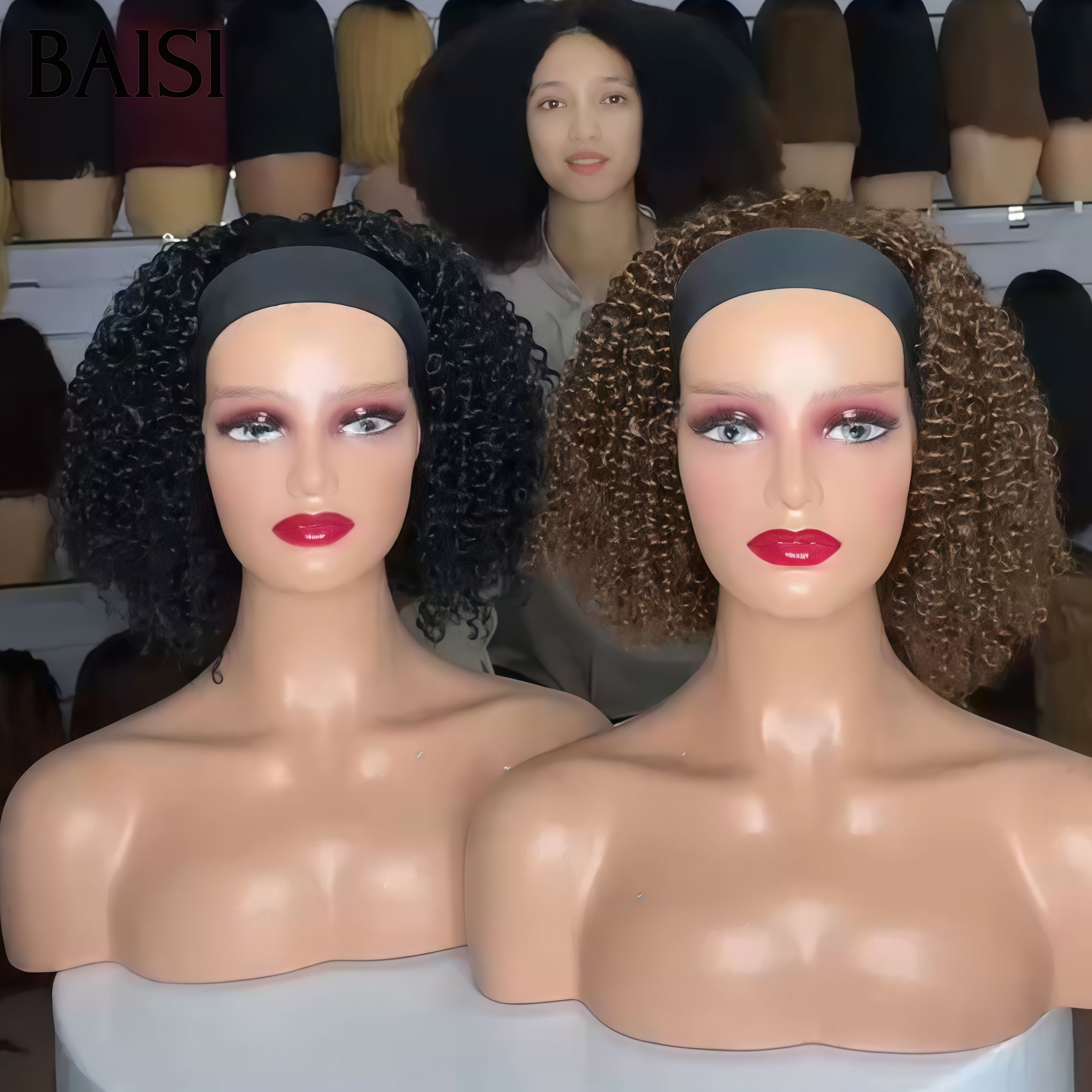 BAISI Perruque Bandeau BOB Sans Colle Sans Lace kinky curly 12 Pouces en Couleur Marron ou Noir et Perruque Afro Kinky 18pouces 400% de Volume en 100% Cheveux Humains