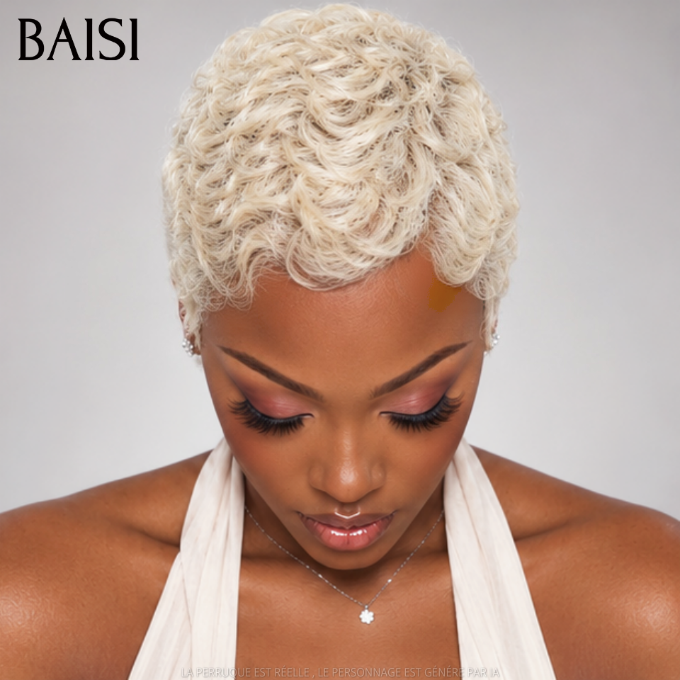 BAISI Perruque Pixie Courte Lisse Légère Vague 55€ Couleur Blonde #613 Sans Colle Sans Lace en 100% cheveux humains