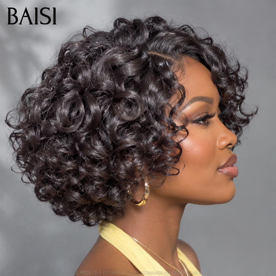 BAISI Perruque curly wave 10 Pouces BOB sans lace Fabriqué à la Machine Promotion 69€ NOIR en 100% Cheveux Humains