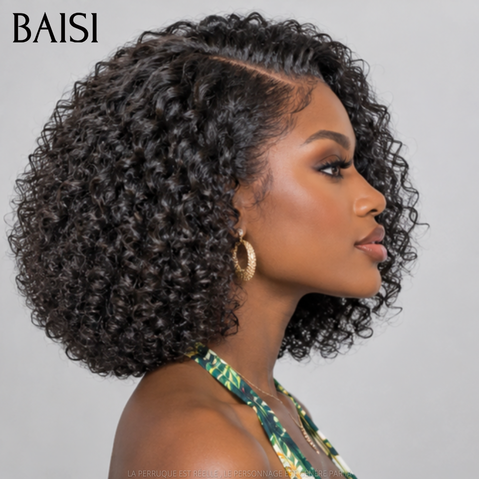 BAISI T-Part Lace Perruque Bob Kinky Afro 12Pouces 125€ Couleur Noir 1B# Beaucoup de Volume Pour Femme Noires en 100% Cheveux humains
