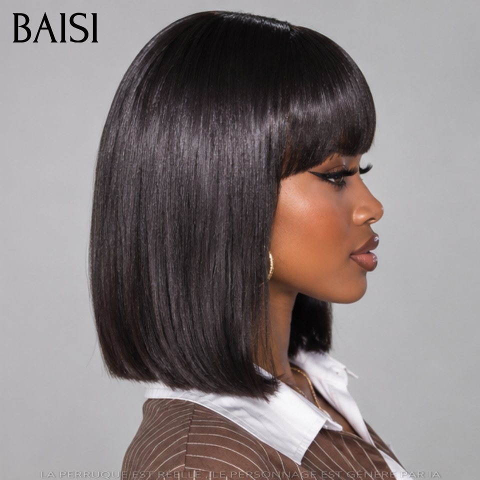 BAISI Perruque Avec Frange 100% Vietnam Hair Bob Lisse Noir Sans Colle Sans Lace 8Pouces à 12Pouces Top Grade en 100% Cheveux Humains Reçu 48H TVA 0€
