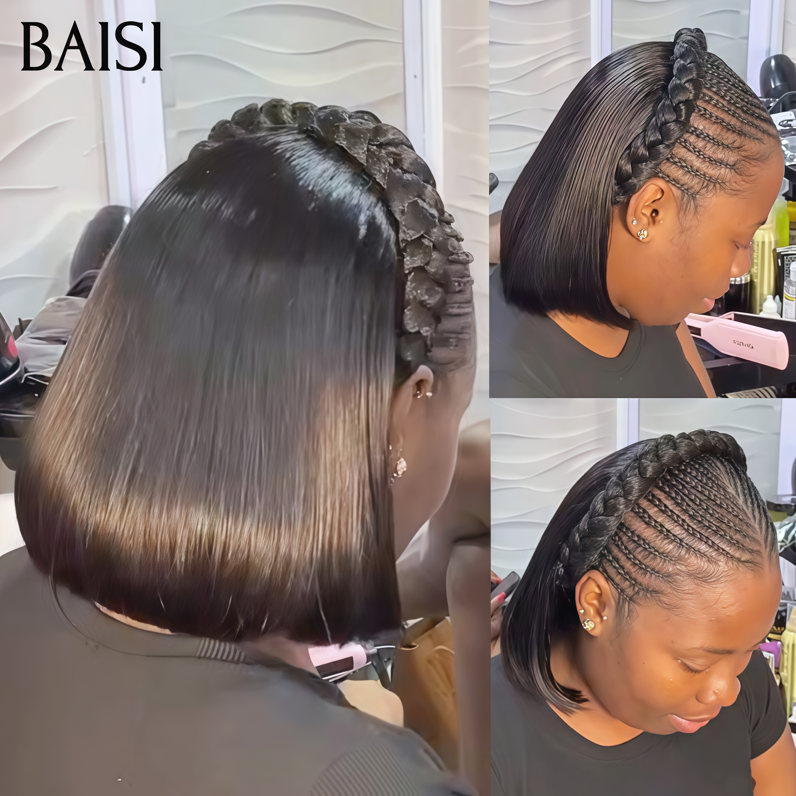 BAISI 13x4 Lace Perruque BOB Déjà Coiffée Prête à Porter Avec Natte Naturelle Carré Lisse 10Pouces à Style Authentique en 100% Cheveux Humains