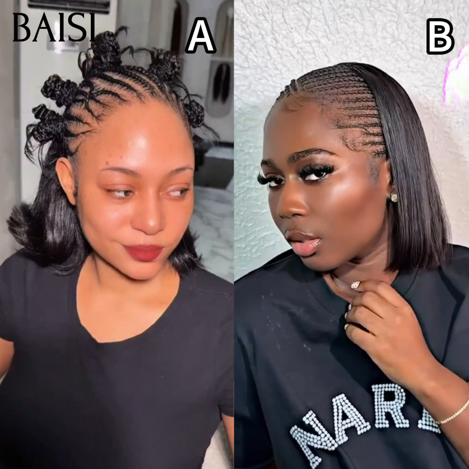 BAISI 13x4 Lace Perruque Déjà Coiffée Prête à Porter Carré Lisse A/B Petites Nattes Style Authentique en 100% Cheveux Humains