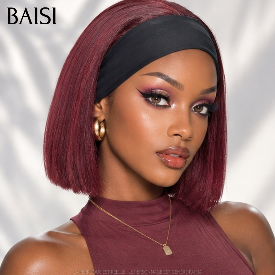 BAISI Perruque Bob Bandeau Lisse 8 Pouces 85€ Couleur Rouge Bordeaux 99J# Sans Colle Promotion Spéciale Halloween en 100% Cheveux humains