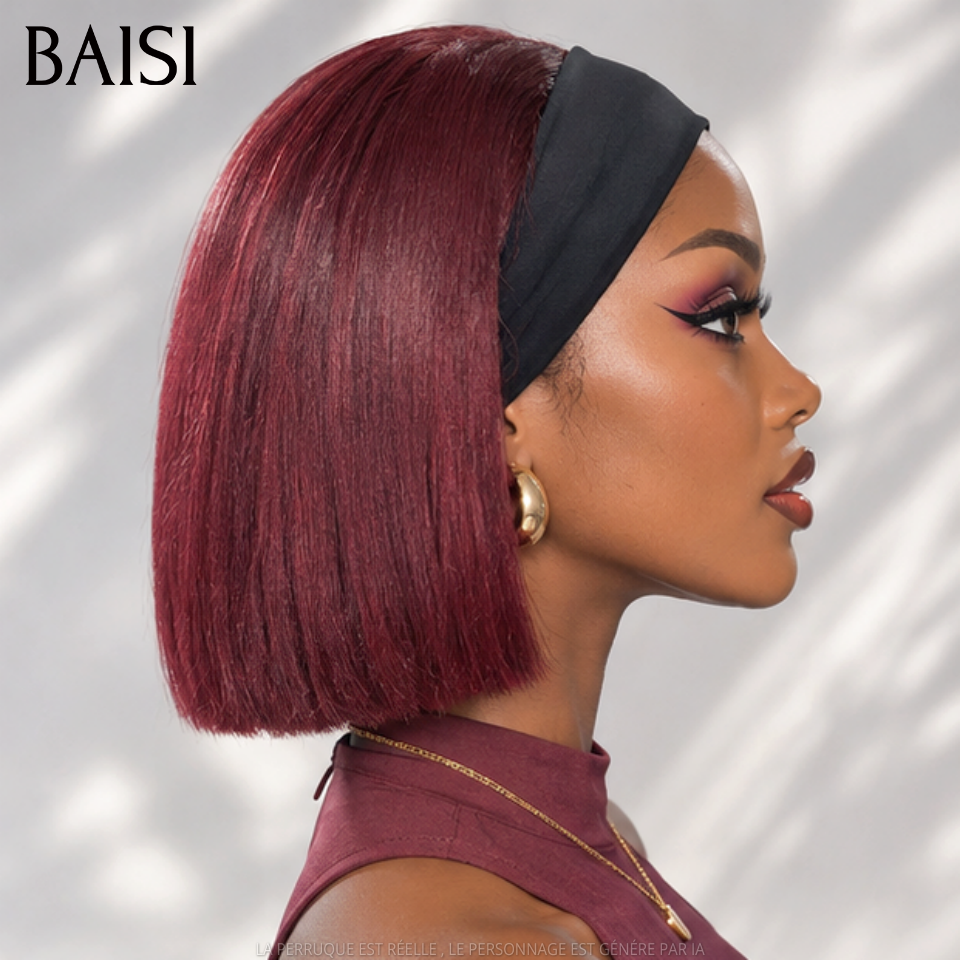 BAISI Perruque Bob Bandeau Lisse 8 Pouces 85€ Couleur Rouge Bordeaux 99J# Sans Colle Promotion Spéciale Halloween en 100% Cheveux humains