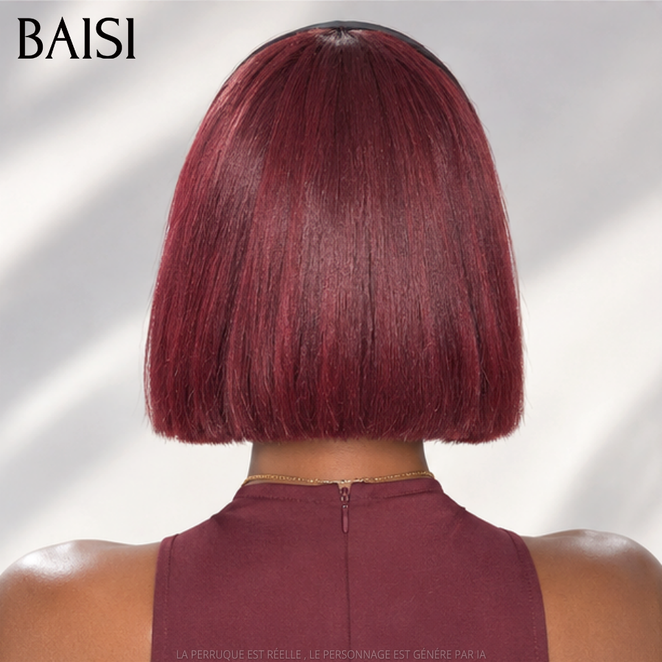 BAISI Perruque Bob Bandeau Lisse 8 Pouces 85€ Couleur Rouge Bordeaux 99J# Sans Colle Promotion Spéciale Halloween en 100% Cheveux humains