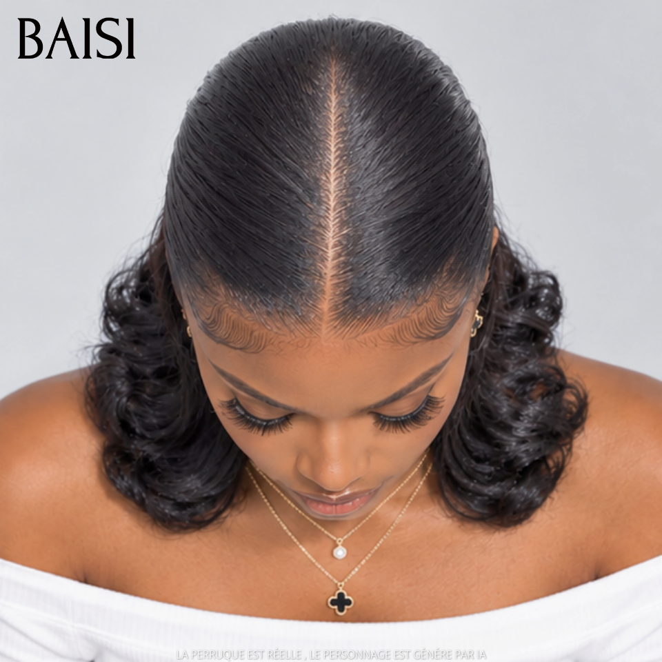 BAISI Moitié Prix Perruques un Updo Coiffure Chignon queue de cheval avec 13x4 Lace Frontale 12 Pouce en Noir en 100% cheveux humains