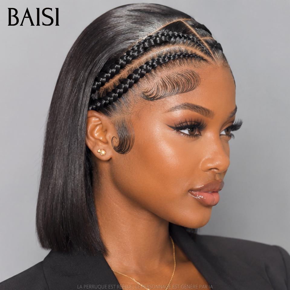 BAISI 13x4 Lace Perruque Bob Lisse Déjà Coiffée 99€ Seulement Avec Devant En Nattes Prête A Porter Très Tendance en 100% Cheveux humains