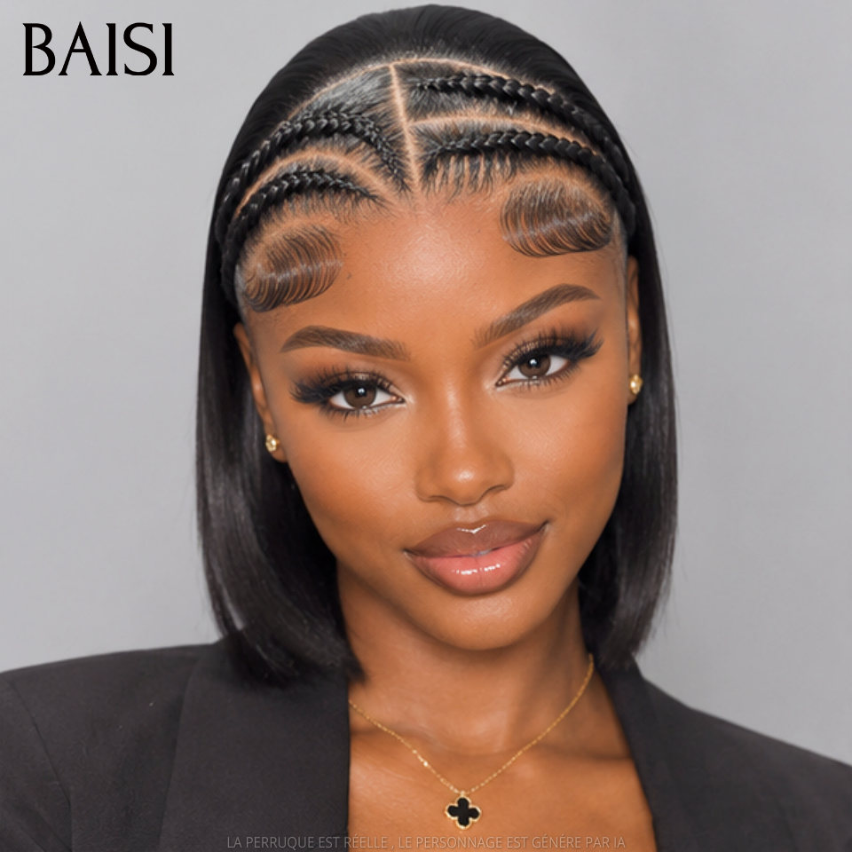 BAISI 13x4 Lace Perruque Bob Lisse Déjà Coiffée 99€ Seulement Avec Devant En Nattes Prête A Porter Très Tendance en 100% Cheveux humains