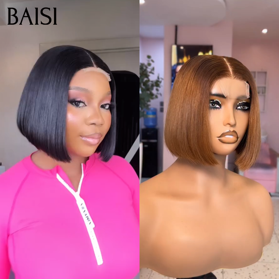 BAISI Lot 2 Perruques Bob Lisse 100% Vietnam Hair Noir + Marron 8 Pouces 169€ Ou Perruque Lisse Longue avec frange Marron 18 pouces En 100% Cheveux Humains