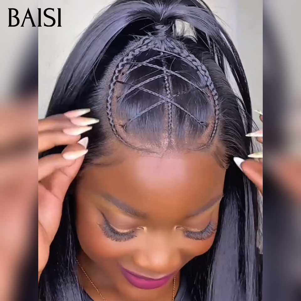 BAISI 13x4 lace Perruque Bob Lisse Déjà Coiffée 12Pouces 125€ Couleur Noir 1B# Devanture Avec Petites Nattes Look Incroyablement Original en 100% Cheveux Humains