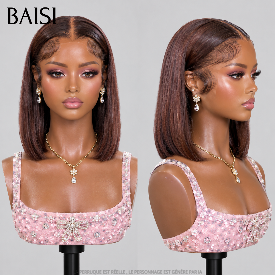 BAISI Achetez 2 perruques minimum au prix d'usine fournisseur 13X4 Perruque Carré Lisse marron #4Pré-plucked Pas Besoin de Colle en 100% Raw Hair Lace déjà couper (Pas Besoins De Code)