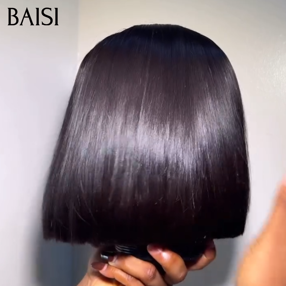 BAISI Achetez 3 Gagnez 4 Lot de 3 Perruques Bob 10pouces 249€ Carré Lisse Avec Frange Marron 4# + Curly Couleur Marron 4# + Carré Lisse Noir En 100% Vrais Cheveux Humains