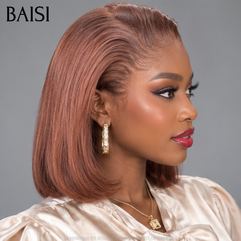 BAISI 13X4 lace frontal Perruque Bob Lisse En Marron #4 sans colle Pré-plucked Pas Besoin de Colle en 100% Raw Hair Lace déjà couper